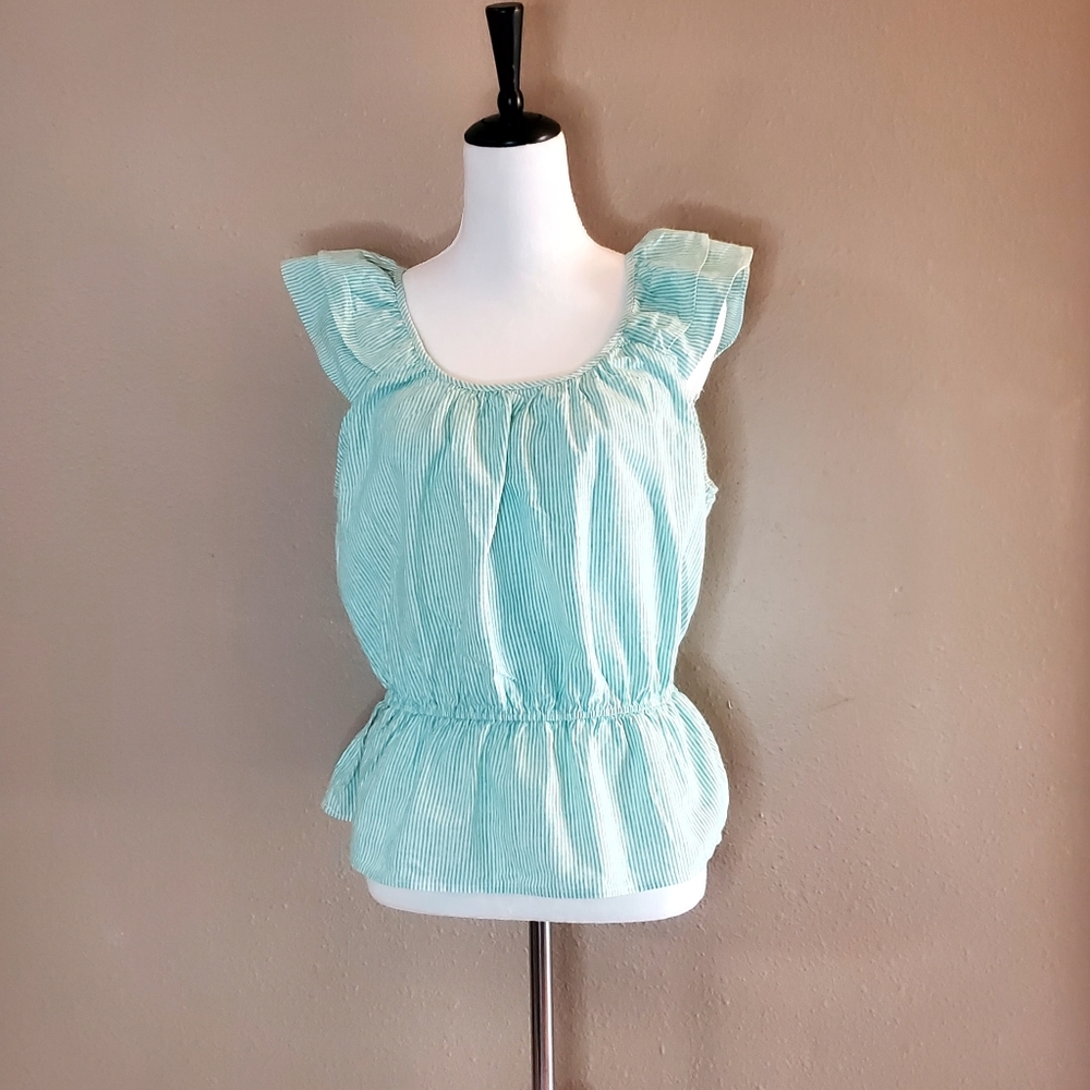 Time and True Ruffle, Light Green & White Pinstripes Girls Size Large